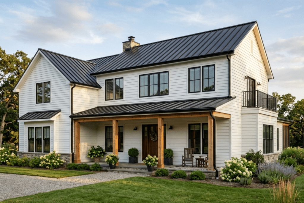Modern two-story white farmhouse with freshly painted aluminum siding, black metal roof, black framed windows, covered front porch with wood columns and landscaped front yard.
