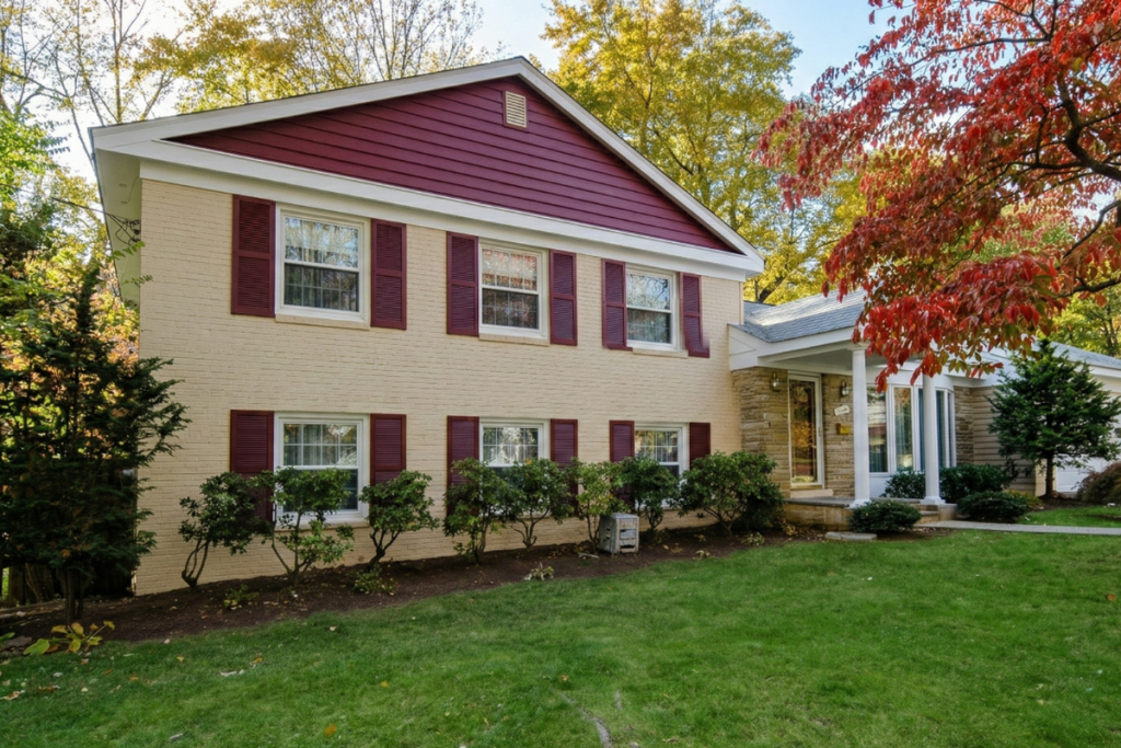 Exterior of a renovated home with red siding, tan brick, and dark shutters on a sunny autumn day with bright green lawn and changing leaves.